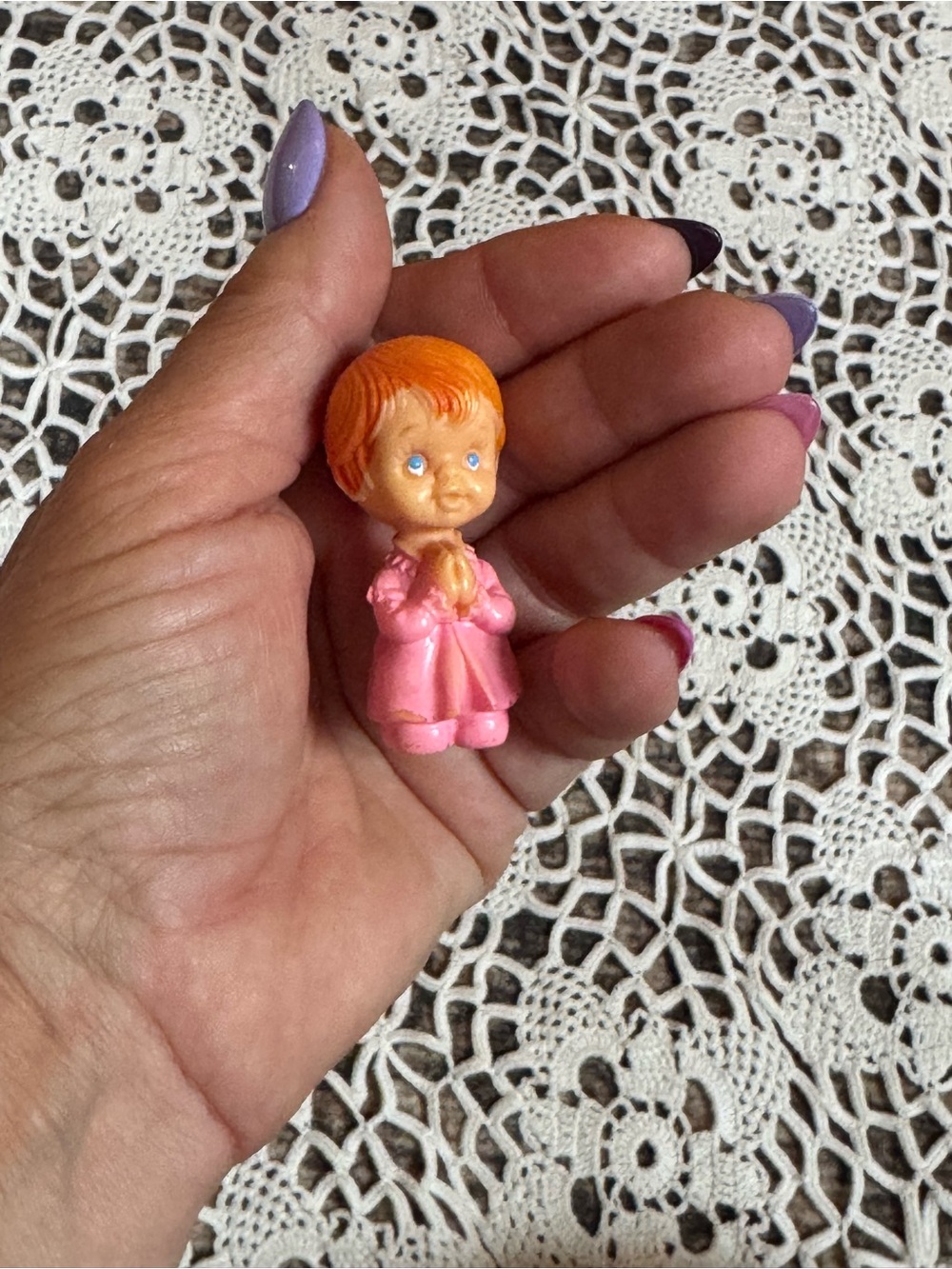 Vintage Mini Praying Girl Figurine Pink Dress Red Hair Doll Miniature